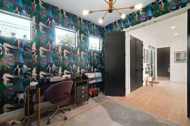 Inspiration for a contemporary wallpaper home office remodel in Austin