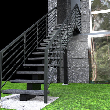 Riverview private house exterior central stringer steel and stone 3D drawing