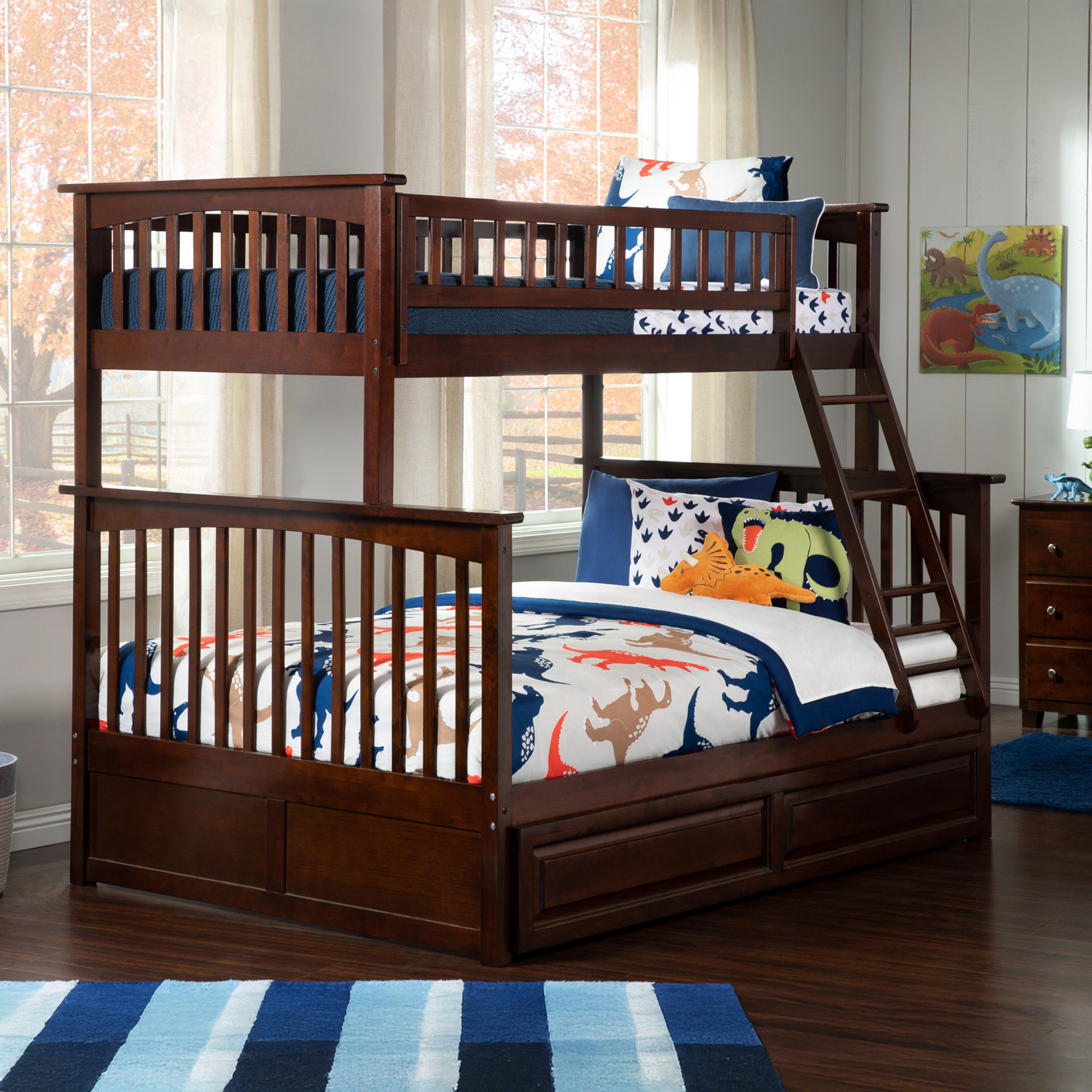AFI Columbia Twin Over Full Trundle Solid Wood Bunk Bed in Walnut, Twin ...