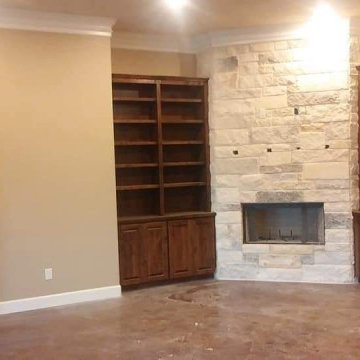 Corner Stone Fireplace Built-In Bookcases & Matching Sliding Barn Door