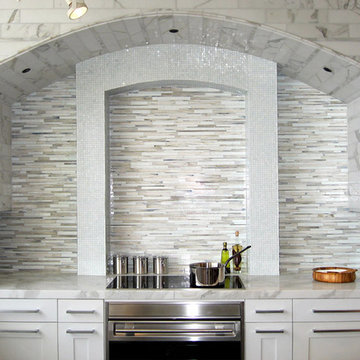 Custom Glass Mosaic Backsplash matches Calacatta perfectly