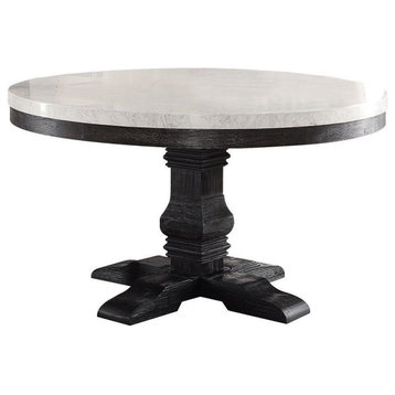 ACME Nolan Dining Table WithPedestal, White Marble and Salvage Dark Oak