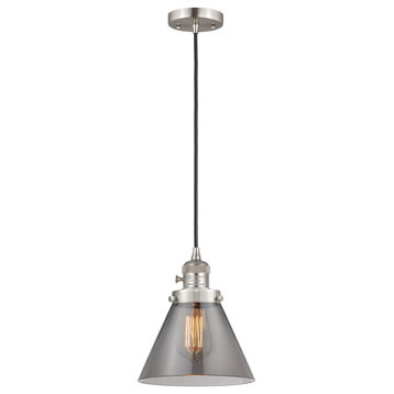 Cone Mini Pendant With Switch, Brushed Satin Nickel, Plated Smoke