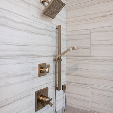 Spa Like Primary Bathroom Remodel with Warm Wood & Brass Details