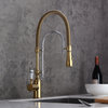 High Arc Dual-Mode Pull-Down Kitchen Faucet Solid Brass with Porcelain Handle, Gold_chrome