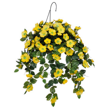 Artificial Yellow Petunia in Water Hyacinth Hanging Basket, White Water Hyacinth