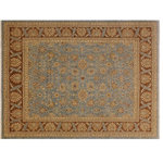 Bareens Designer Rugs - Boho Chic Ziegler Gilma Blue Brown Hand-Knotted Wool Rug - 8'1'' x 10'1'' - Enhance the ambiance of your home with this magnificent Persian-influenced Turkish hand-knotted rug made by skilled artisans capable of creating the most exceptional vegetable dyes and hand-spun wool. This exquisite handmade rug is a one-of-a-kind Peshawar Kafkaz, otherwise identified as Chobi, Chobi Peshawar, Oushak, or Ziegler rug. These handmade rugs are crafted in Pakistan utilizing superior-quality wool imported from Australia, New Zealand, and Korea in two types of weaves: the Persian weave and the Mori weave. This rug is meticulously crafted by hand using the finest natural vegetable dyes extracted from local plants. The artisans use a blend of hand-spun local and fine merino wool, resulting in a rug with a compelling texture, higher lanolin content, and longer staple. The artisans occasionally incorporate natural or artificial silk into the pile to enhance specific motifs. The finished product is an awe-inspiring execution of flawless design and an understated palette that exudes elegance.