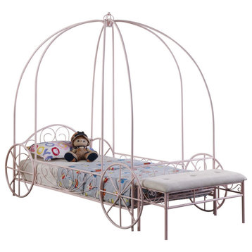 Benzara BM283038 Modern Twin Size Canopy Bed, Princess Carriage Design, Pink