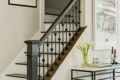 Elegant wooden l-shaped mixed material railing staircase photo in Boston with painted risers