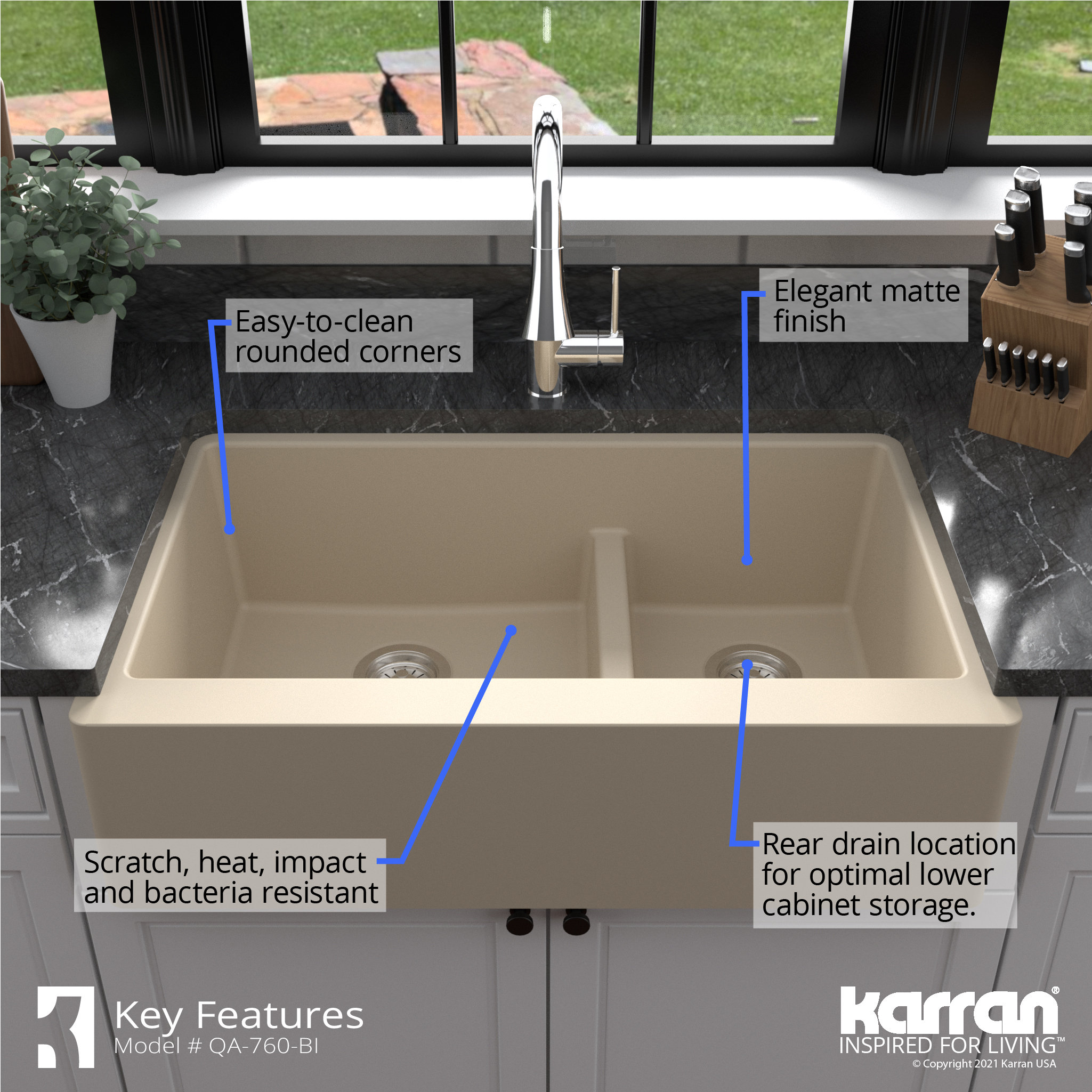 Karran Farmhouse Quartz 34" Double Offset Bowl Sink Kit, Bisque