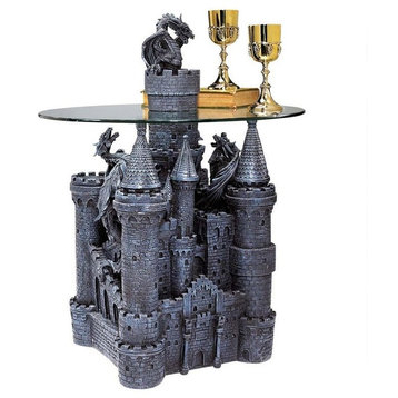 Castle Statue Sculpture Glass-Topped Side Table