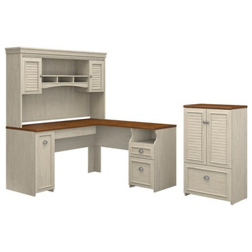 Fairview L Desk with Hutch and Storage in Antique White - Engineered Wood