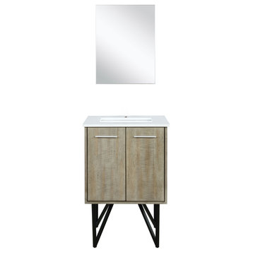24" Rustic Acacia White Quartz Top, White Square Sink and 18" Frameless Mirror