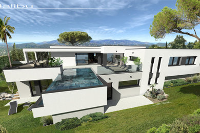 Cette image montre une grande façade de maison blanche minimaliste en béton à deux étages et plus avec un toit plat et un toit végétal.