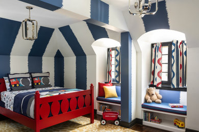 Kids' room - large transitional boy medium tone wood floor, brown floor, exposed beam and wallpaper kids' room idea in St Louis with blue walls