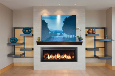 Inspiration for a mid-sized modern formal and open concept medium tone wood floor living room remodel in Other with brown walls, a ribbon fireplace and a tile fireplace