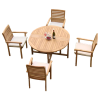5-Piece Teak Dining Set, 48" Round Butterfly Table, 4 Hari Stacking Arm Chairs