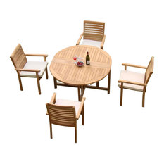5-Piece Teak Dining Set, 48" Round Butterfly Table, 4 Hari Stacking Arm Chairs
