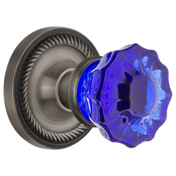 Rope Rosette Privacy Crystal Cobalt Glass Knob, Antique Pewter