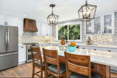 Inspiration for a craftsman brown floor eat-in kitchen remodel in Seattle with glass-front cabinets, white cabinets, multicolored backsplash and stainless steel appliances