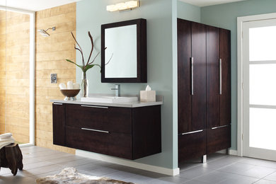 Trendy gray floor open shower photo in Other with green walls and white countertops