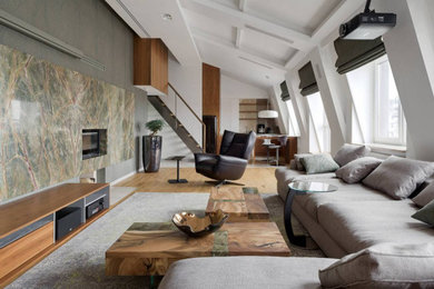 Inspiration for a modern beige floor living room remodel in New York