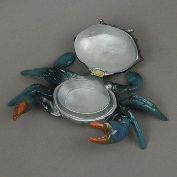 Hand Painted Metal Blue Crab Trinket Box With Hinged Lid 9.5 Inches Long