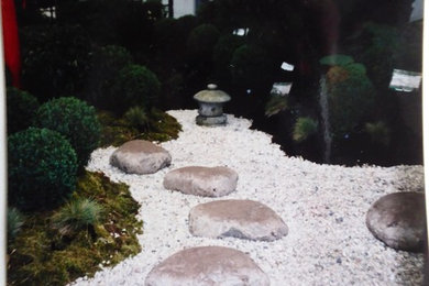 Diseño de jardín de secano asiático pequeño con gravilla