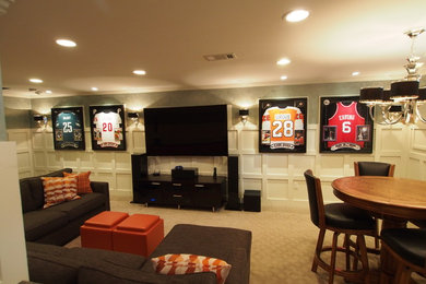 Example of a huge transitional underground carpeted and beige floor basement design in New York with white walls