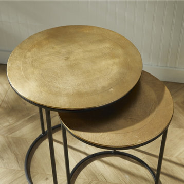 Elegant Minimalist Bronze Brass Gold Nesting Tables Set of 2 Round Metal
