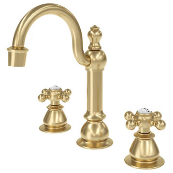 Classic Hook Widespread Deck Mount Lavatory Faucets and Pop-Up Drain, Satin Gold