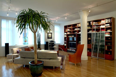 Mid-sized enclosed light wood floor living room photo in New York with beige walls