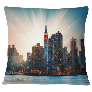 Manhattan Skyline At Bright Sunset Throw Pillow, 18"x18"