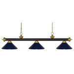Z-LITE - Z-LITE 200-3BRZ+SG-MNB 3 Light Billiard Light - Z-LITE 200-3BRZ+SG-MNB 3 Light Billiard Light, Bronze + Satin GoldElegant and traditional best describes this beautiful three light fixture. Finished in Bronze & Satin Gold and paired with metal navy blue shades, this three light fixture would be equally at home in the game room, or anywhere else in the house needing a touch of timeless charmCollection: RivieraFrame Finish: Bronze + Satin GoldFrame Material: SteelShade Finish/Color: Navy BlueShade Material: SteelDimension(in): 57(L) x 14(W) x 16(H)Chain Length(in): 72"Cord/Wire Length(in): 110"Bulb: (3)150W Medium base,Dimmable(Not Included)UL Classification/Application: CUL/cETLu/Dry