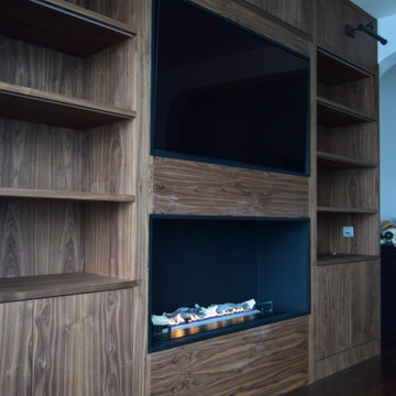 Media Unit with Crown-Cut Walnut, LED Strip Lighting and a Bio-Ethanal Fireplace