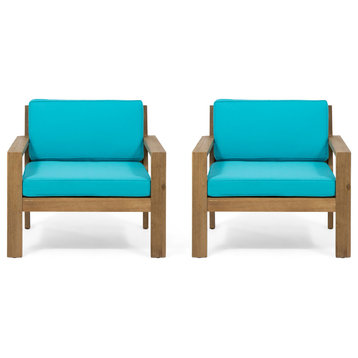 Miranda Outdoor Acacia Wood Club Chairs With Cushions, Set of 2, Brushed Light B