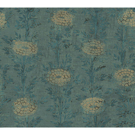French Marigold Teal Green and Gold Wallpaper