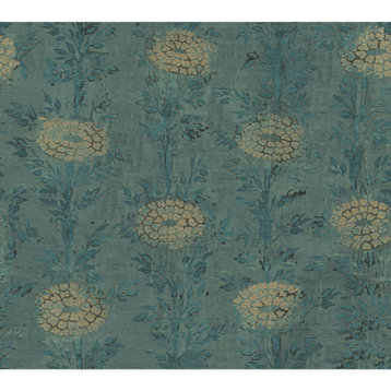 French Marigold Wallpaper, Teal Green, Gold
