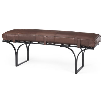Jessie 55Lx16Wx19H Dark Brown Leather Seat With Black Metal Base Accent Bench