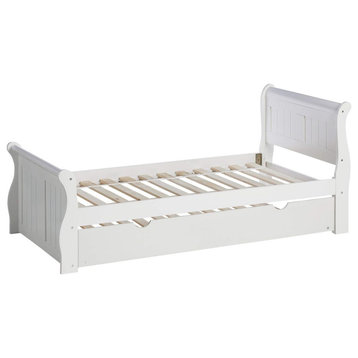 Twin Platform Bed With Trundle, Slatted Support and Curved Headboard, White