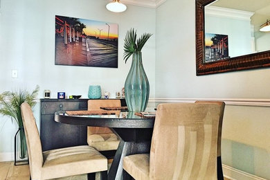 Large beach style light wood floor dining room photo in New York with blue walls and no fireplace