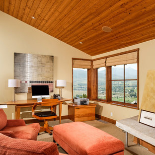 Design ideas for a modern home office and library in Denver with carpet, a standard fireplace, a plastered fireplace surround and a freestanding desk.