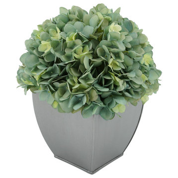 Artificial Hydrangea in Silver Tapered Zinc Cube, Teal