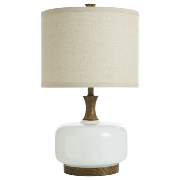 Transitional wood and ceramic table lamp in chevelle finish drum shade