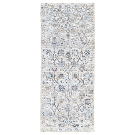 Ivory Silk With Textured Wool Tabriz Hand Knotted Oriental Runner Rug, 2'5"x6'2"