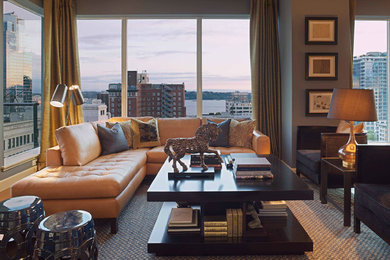 Example of a mid-sized trendy formal and open concept carpeted and multicolored floor living room design in Seattle with gray walls