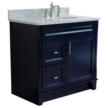 37" Single Sink Vanity, Blue Finish With White Carrara Marble