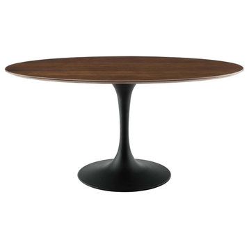 Modern Designer Room Oval Dining Table, Wood Metal Steel, Black Walnut Brown