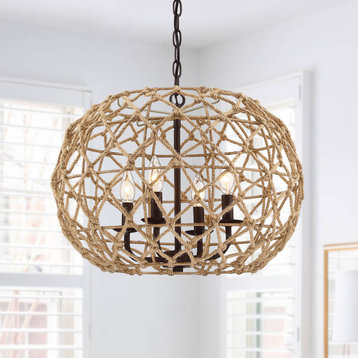 20" W 4-Light Natural Jute Rope Woven Globe Pendant Light With Brown Canopy