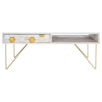 Lester Coffee Table, Whitewash/Brass